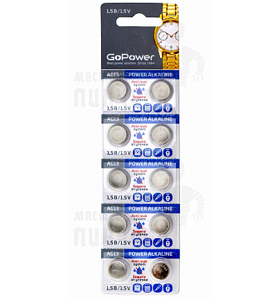 Батарейка GoPower G13/LR1154/LR44/357A/A76 BL10 Alkaline 1.5V (10/100/3600)