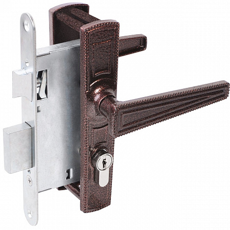 Замок Absolyute (Абсолют) врезной цилиндровый с защёлкой в комплекте с ручкой ЗВ4-3/01 (медь антик), 4 ключа